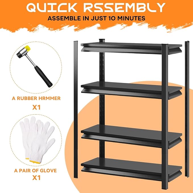 46''W Garage Shelving Heavy Duty Metal Storage Shelves Series, Large Industrial 4tier Shelving Unit for Basement, Business, Factories, Commercial, Warehouse and Workshop (54''Hx46''Wx16''D, Black)