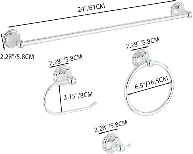 4-Piece Towel Bar Set, 24 Inch Towel Racks for Bathroom Wall Mounted in Chrome, SUS304 Stainless Steel Complete Bathroom Hardware