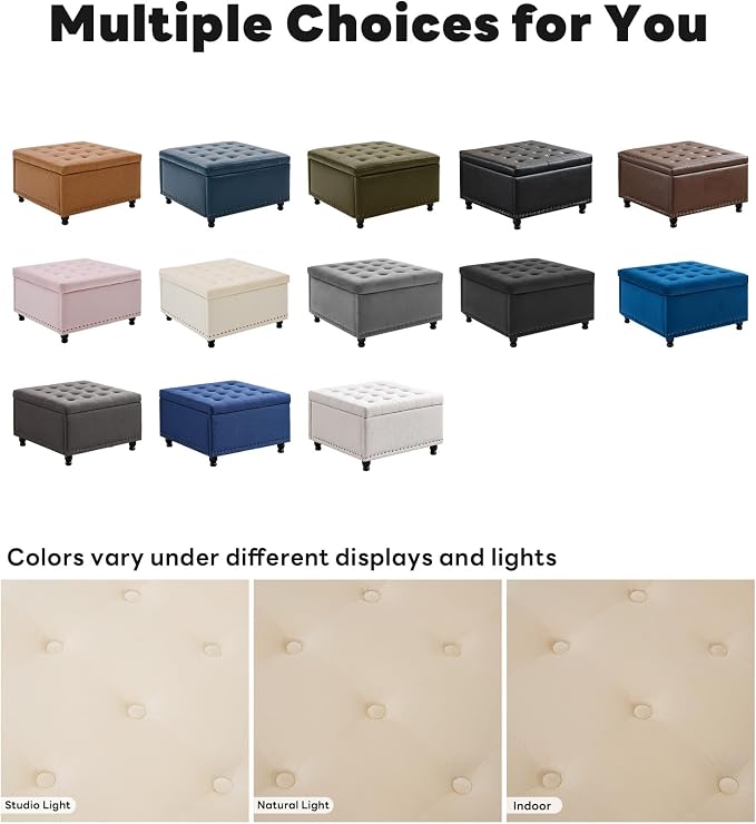 Tbfit Large Square Storage Ottoman Bench, Button Tufted Upholstered Coffee Table Ottoman with Wooden Legs, Oversized Storage Ottomans Toy Box Footrest for Living Room, Beige Velvet