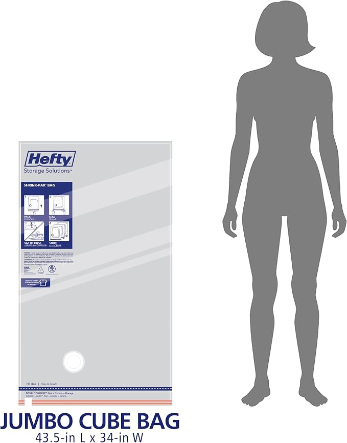 Hefty Shrink-Pak Vacuum Storage Bags – For Clothes, Pillows, Towels, Blankets & More – Space Saver Vacuum Suction Sealer Bags for Home or Travel – 4 Jumbo Cubes, 43.5 x 34 x 18 Inches