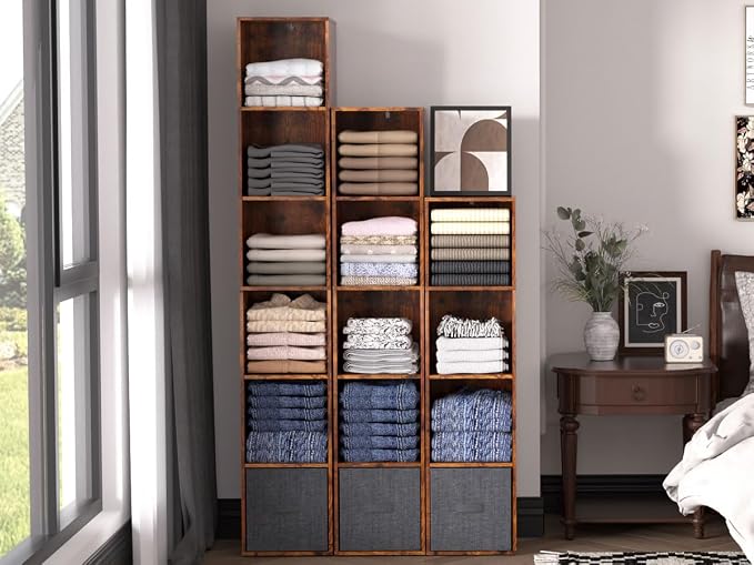 Cube Storage Organizer, 6 Cube Retro Bookshelf, Freestanding 6 Tier Open Shelf, Rustic Brown Retro Shelves for Home Office, Bedroom, Living Room, Study