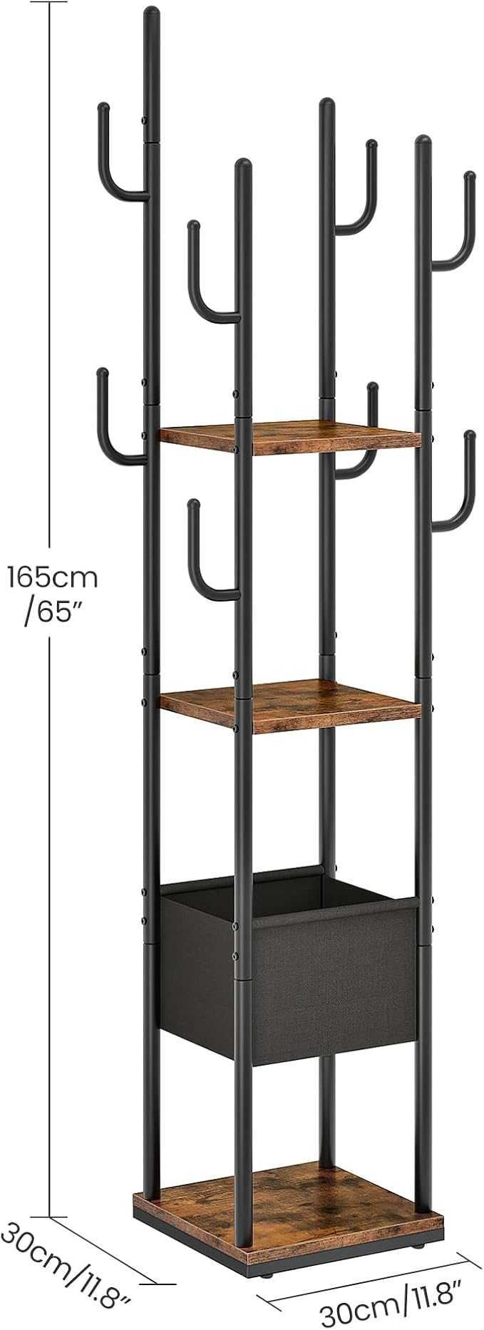 Coat Rack Freestanding, Coat Rack with 3 Shelves, 8 Hooks and 1 Fabric Pouch, Square Coat Hanger Stand, Metal Clothes Tree for Living Room, Bedroom, Entryway, Rustic Brown and Black TYM03BF