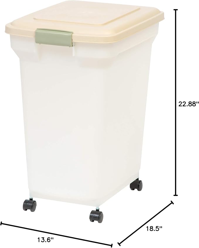 IRIS USA Airtight Dog Food Storage Container, WeatherPro, Up to 40 lbs, Removable Wheels, for Dog Cat Bird and Other Pet Food Storage Bin, Keep Fresh, Translucent Body, Made in USA, Almond/Pearl