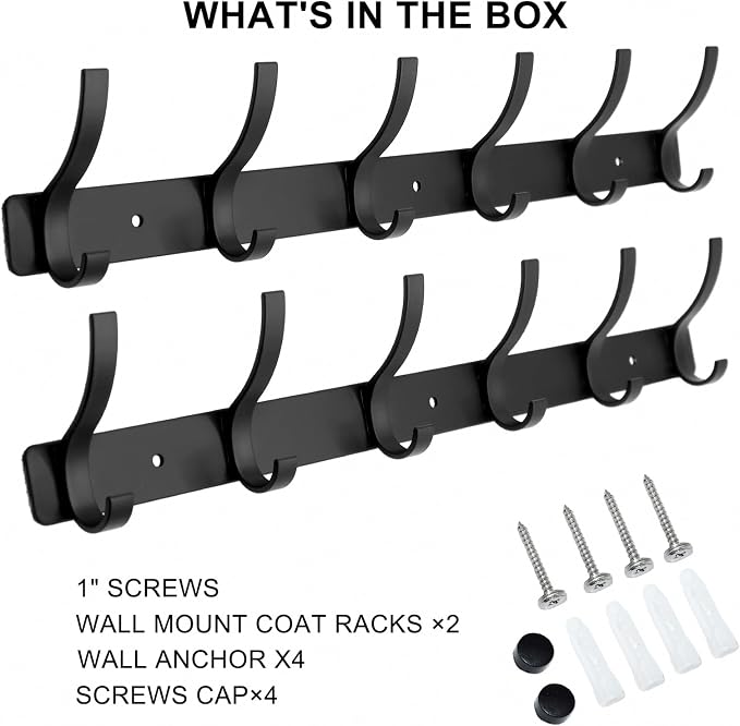 Coat Rack Wall Mounted,6 Coat Hooks for Hanging Coats,Metal Double Hook Rack Hook Rail,Coat Rack with Hooks,Wall Mount Coat Hanger for Hat Towel Purse Robes (2 Pack Black, 6 Hooks)