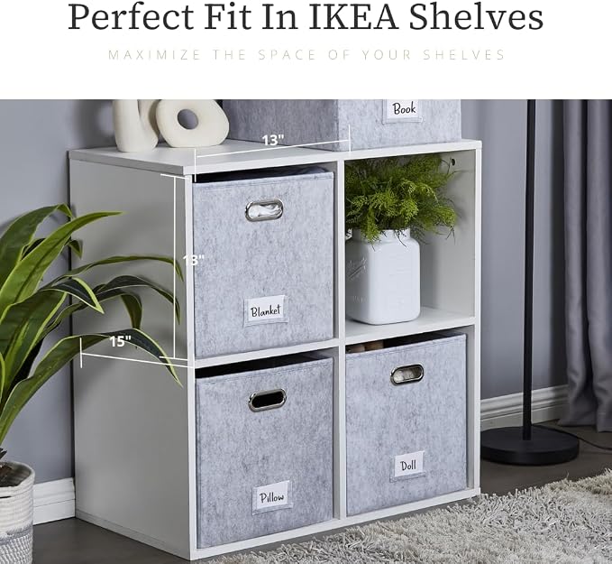 DECOMOMO Felt Storage Bins, 13x15x13 Storage Cube Bins with Labels | 4 Pack Storage Baskets for Shelves, Kallax (Light Grey)