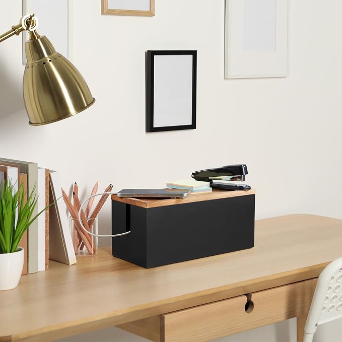 Bivvclaz Cable Management Box Medium, Wooden Cord Organizer Box for Desk, Floor, Office to Hide Extension Cords Power Stripes Surge Protectors Chargers Wires, Black