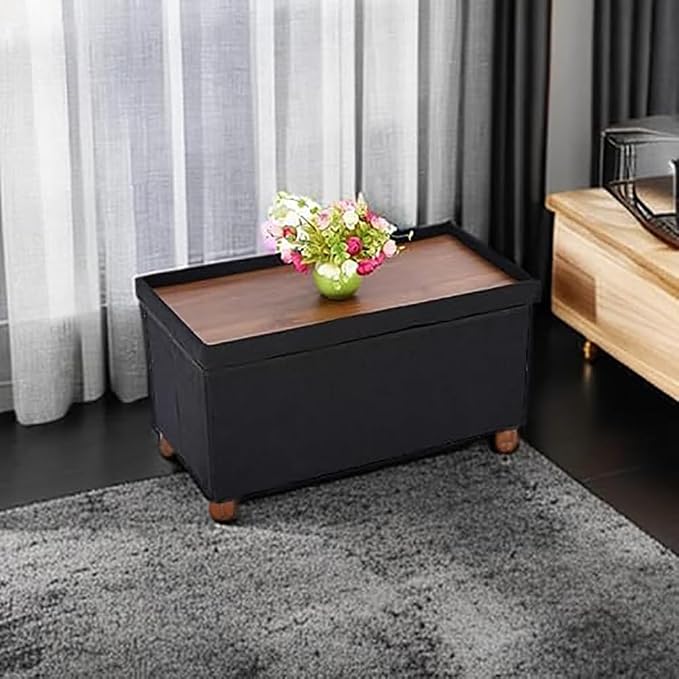 30 Inches Storage Ottoman Bench, Storage Bench with Wooden Legs for Living Room Ottoman Foot Rest Removeable Lid for Bedroom End of Bed, Linen Fabric, Folding Black Ottoman