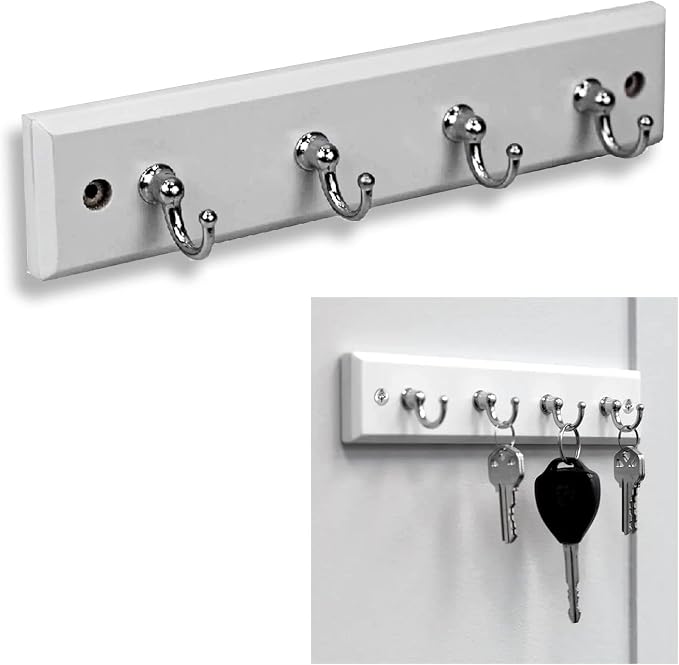 Wall Mounted Key Rack Rail Hanger Key Holder Wall Mount with 4 Hooks Hanging Storage Keys Organizer Home Decor (White)