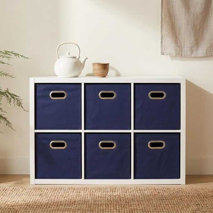 Household Essentials Fabric Storage Bins 6 Piece Set, Strong Poly-Woven Fabric, Sturdy Chipboard Sides, Grommet Front Handle, Stackable and Foldable, Classic Design, Navy