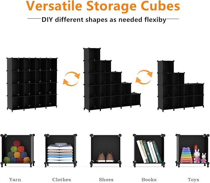 AWTATOS Cube Storage Organizer, 16 Cube Closet Organizer, Black | Stackable Storage Cube Shelves, DIY Portable Closet Clothes Organizer, Plastic Shelving for Bedroom, Wardrobe, Bathroom