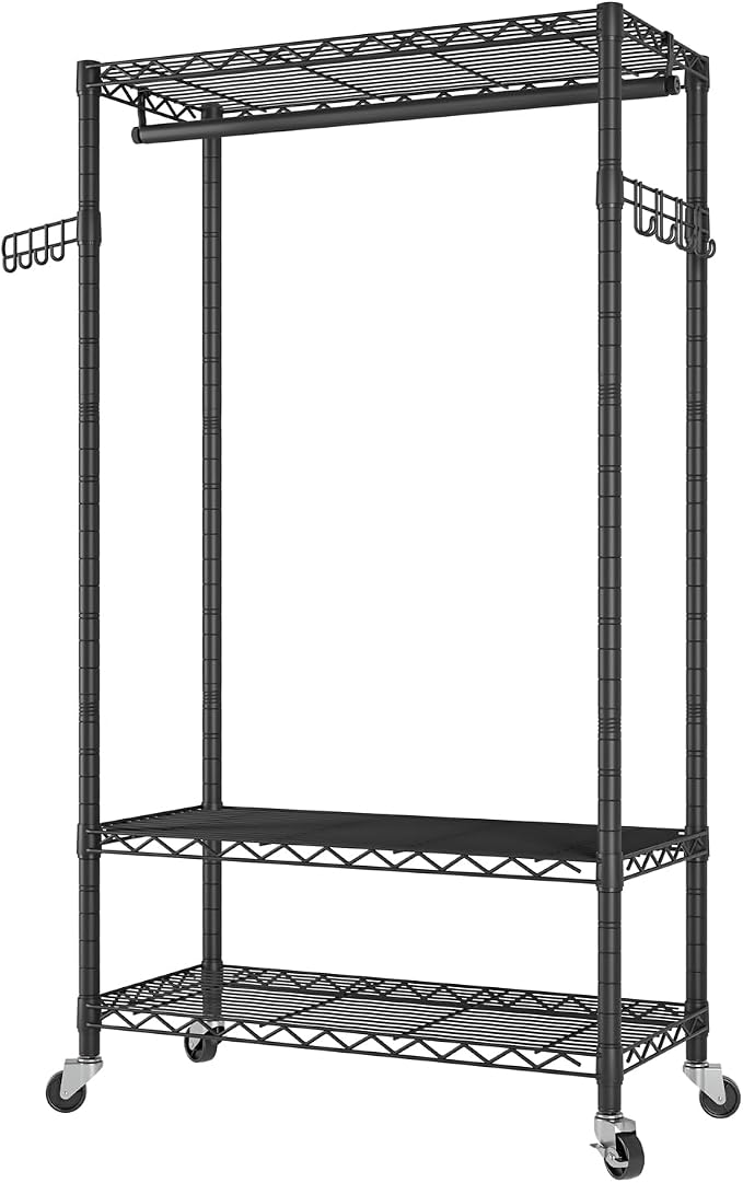 Golpart Heavy Duty Rolling Clothes Rack Wheels Portable Metal Garment Rack | Wardrobe Adjustable Wire Shelving Metal Double Clothing Racks for Hanging Clothes Organizer Closet Laundry Room Organization