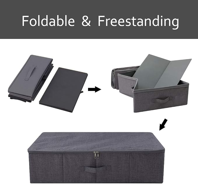 Folding Fabric Rigid Under Bed Closet Storage Bins with Zip Lid,Black Gray | Under bed Storage Boxes for Bedding/ Clothes/ Duvets/ Blankets/ Shoes, Hard Plastic Boards inside, 4 Handles, Washable