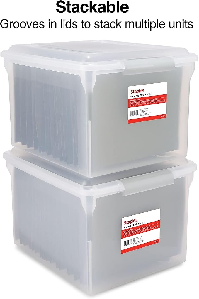 Staples Store & Slide Hanging File Box, Latch Lid, Letter/Legal Size, Clear