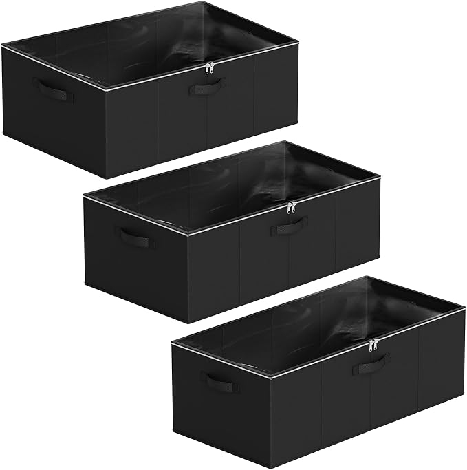 SpaceAid 3 Pack 10" High Under Bed Storage Containers, Large Underbed Storage Organizer Bins with Lids for Bedroom, Dorm, Clothes, Closet Organization, Bed Sheets and Blankets (Black)