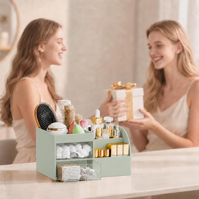 Makeup Organizer with 2 Drawers, Makeup Organizers Countertop for Vanity and Bathroom, Make up organization and Skincare Storage with Brush Holder, for Dresser, Desktop, Cosmetic Display Case(Green)