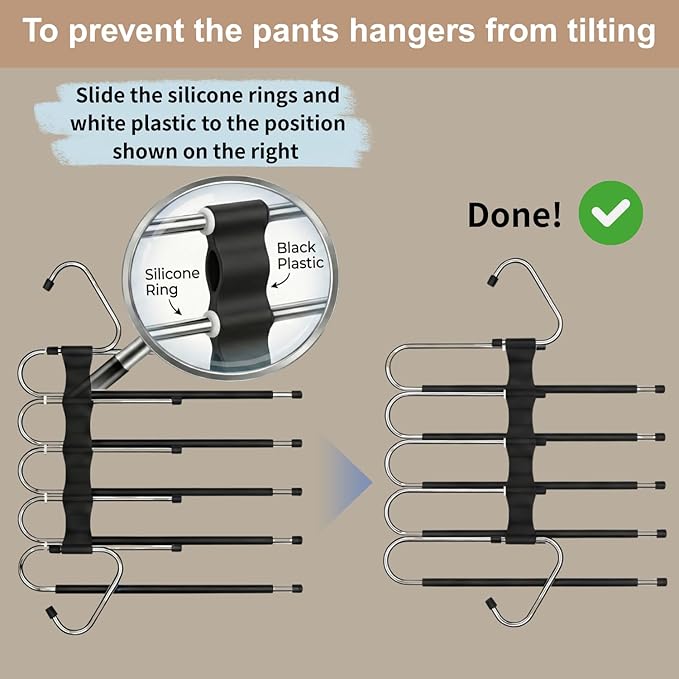 Pants Hangers Space Saving, 5 Tier Jeans Hanger for Closet, Black Multiple Heavy Duty Stainless Steel Pant Rack for Trousers, Legging with 20 Clips (4 Pack)