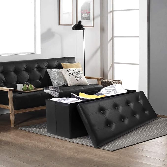 Camabel 43 Inch Folding Storage Ottoman Bench 125L Hold up 700lbs Ottoman with Storage Chest Foam Seat Padded Foot Rest Stool Faux Leather Bedroom Bench with Storage Coffee Table Black