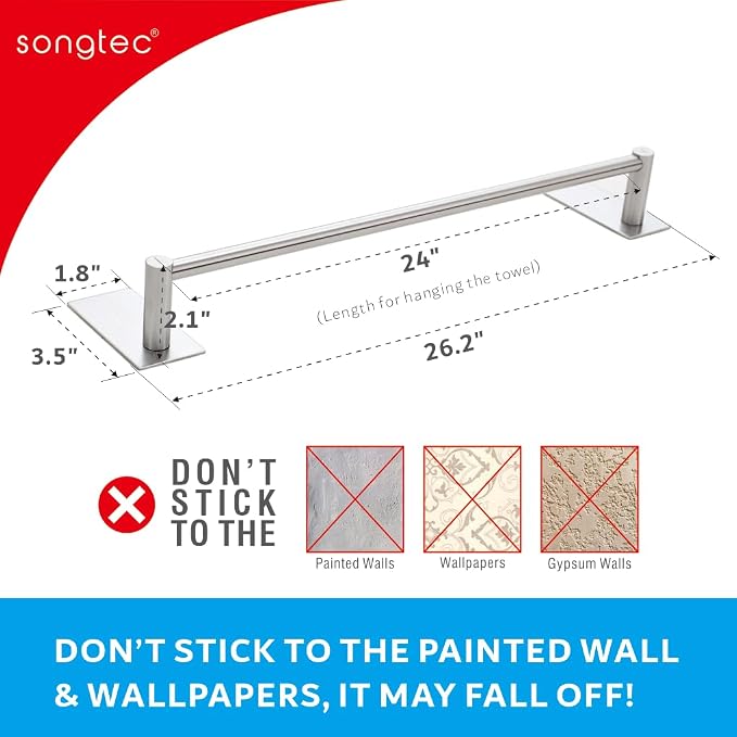 Adhesive Bath Towel Bar 24-inch, No Drill Stick On Towel Rack, Easy Install with Self-Adhesive, Premium SUS304 Stainless Steel (Brush Nickle, 24)