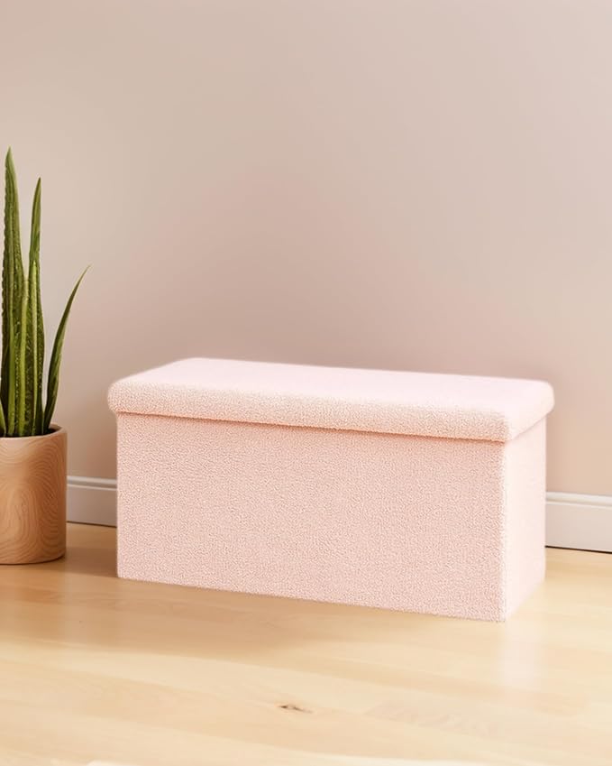 30 Inch Storage Ottoman Bench, Boucle Folding Ottoman Footstool, Rectangular Sherpa Footrest Storage Bench for Bedroom, Living Room, Entryway, Dorm, Pink