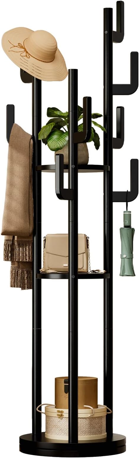 Yoobure Rotary Coat Rack Freestanding - Solid Wood Coat Tree with 9 hooks & 3 Storage Shelves for Purse, Bag, Jacket, Hat, Corner Hanger Stand Racks for Hall, Entryway, Office, Clothes Holder, Black