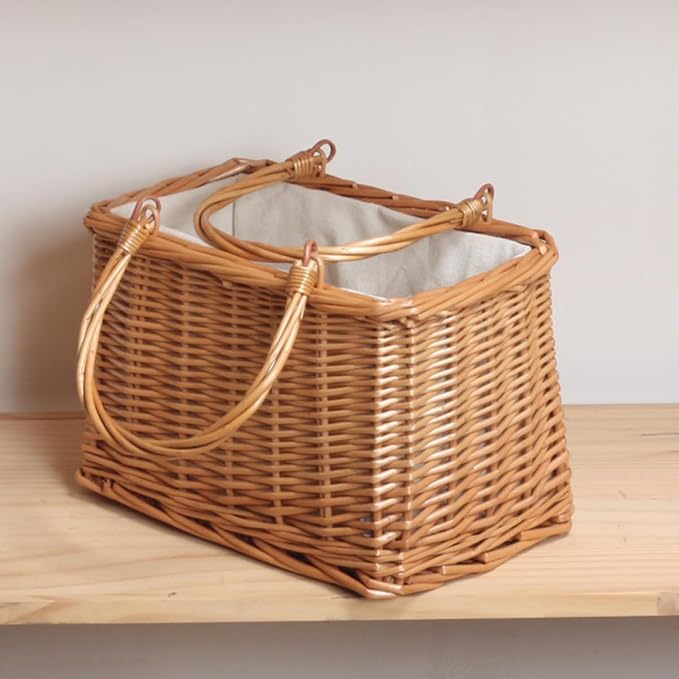 Wicker Storage Basket Handles Handwoven Rattan Organizer for Home Tabletop Use Decorative Wicker Baskets for Blankets and Toys Rustic Style