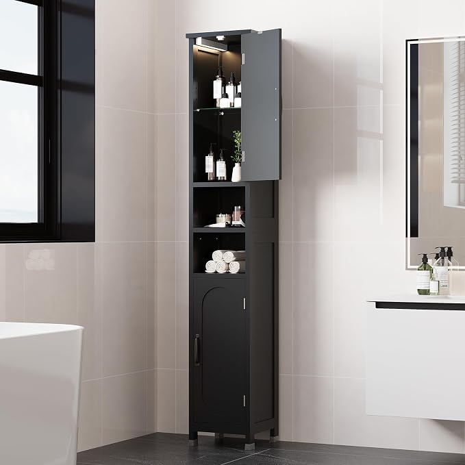 67" Tall Bathroom Storage Cabinet with Lights, Slim Narrow Bathroom Cabinet Organizer with Doors and Adjustable Shelves, Tall Cabinet for Small Space (66.9" Tall-Black with Light)