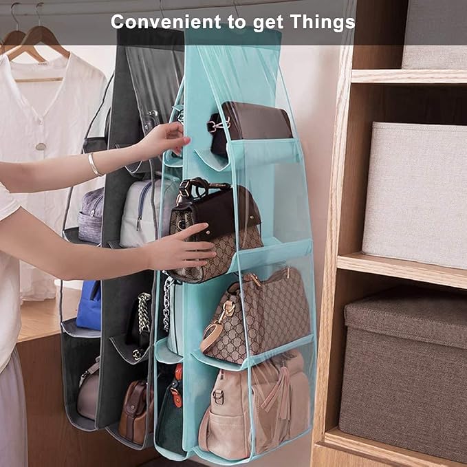 Lirex Handbag Hanging Purse Organizer for Closet, 8 Pocket Handbag Storage Organizer Hanger Oxford Cloth Closet Organizer for Family Closet Bedroom, Foldable and Universal Fit, Light Blue