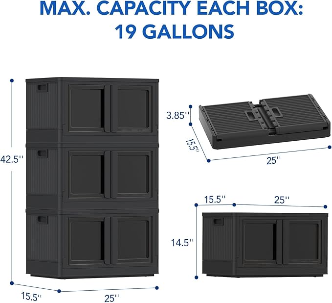 FLEXIMOUNTS 228 QT Stackable Plastic Storage Bins With Lids, Black | Collapsible Foldable Storage Bins with Front Doors and Built-in Wheels, Organizers and Storage for Home, Dorm, 3 Pack Cubes