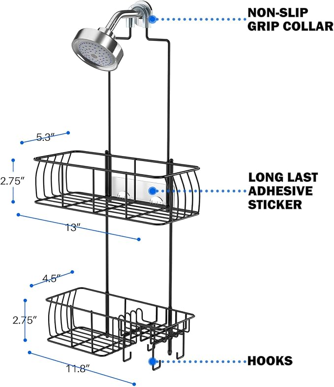 Epicano Shower Caddy Hanging,Large Capacity Shower Organizer,Black | Rustproof,Built-in Soap Dish & 4 Hooks for Loofahs,Suction & Adhesive Install,No Drilling Bathroom Shelves for Inside Shower