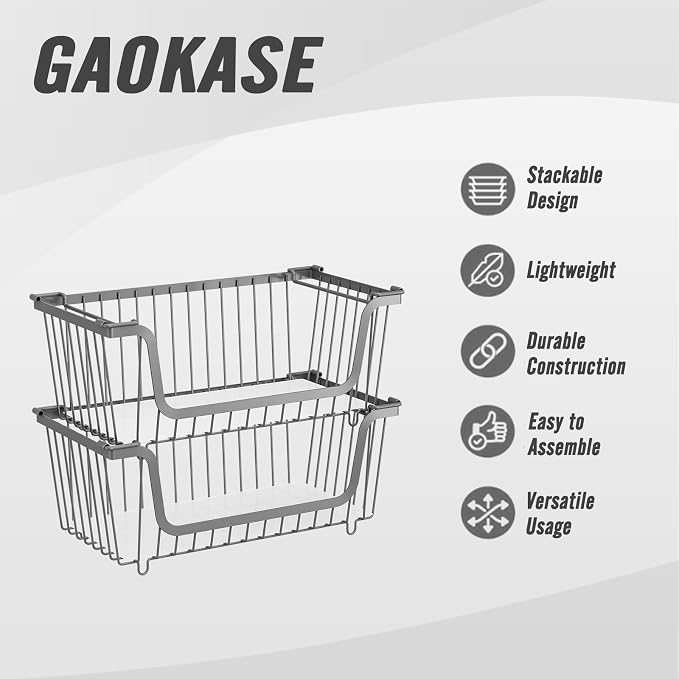GAOKASE 4 Pcs Stackable Wire Baskets for Pantry Organizers and Storage, | Vegetable Fruit Basket for Countertop,Kitchen Storage Metal Baskets,Produce Potato Onion Storage Bin,Gray