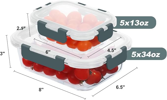 10 Pack Glass Food Storage Containers with Lids | Meal Prep Containers Set, Airtight Glass Lunch Boxes, BPA-Free, Freezer, Oven, and Microwave Safe