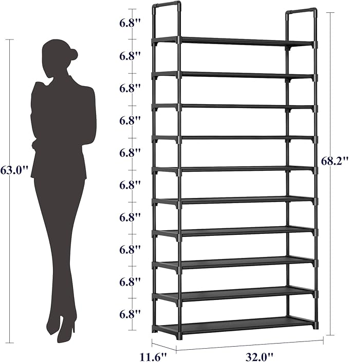 Kitsure Shoe Rack - 10-Tier Shoe Organizer with Detachable Fabric Shelves & Metal Frame, Tall Shoe Rack for Closet, Entrance, Living Room, 32.0" Wide - 10 Tier, Black