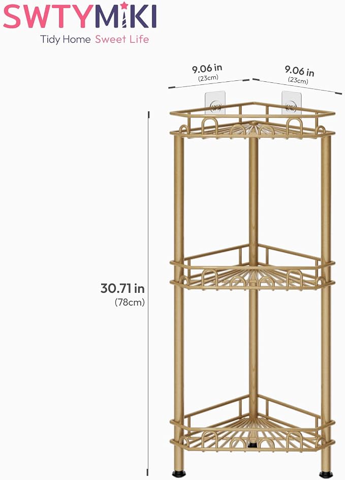 SWTYMIKI Standing Shower Caddy Corner - 3‑Tier Stainless Steel Shower Organizer Shelf with 12 Hooks and Adhesive Pads, Rustproof Corner Shelves Stand Rack for Bathroom Shower Room, Gold