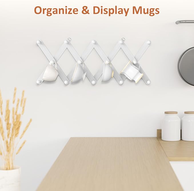 Accordion Wall Hanger, Hat Rack for Wall with 14 Coat Hooks, Expandable Hat Hangers Organizer, Vintage Decorative Coat Rack Wall Mount for Purse, Mug (White)