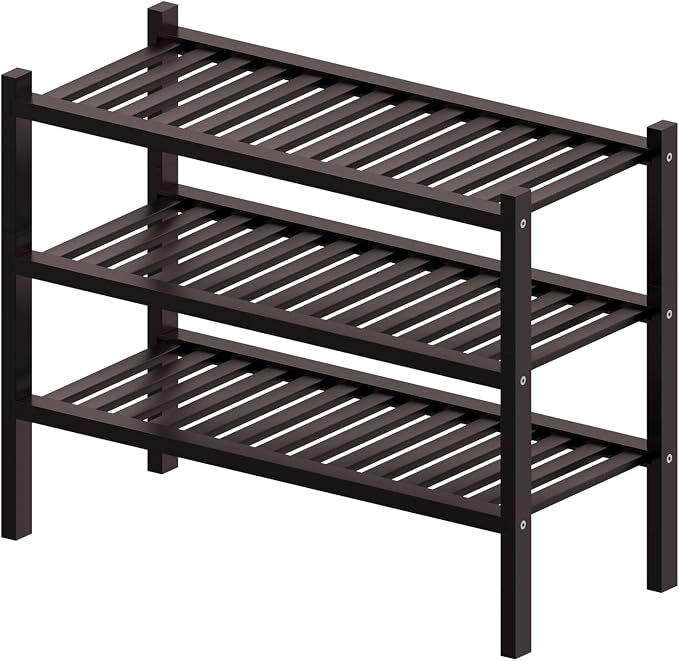 ROMGUAR CRAFT 3 Tier (Thick) Bamboo Shoe Rack for Closet Free Standing Wood Shoe Shelf for Entryway Small Space Stackable 27"x12"x21" (Black Brown)