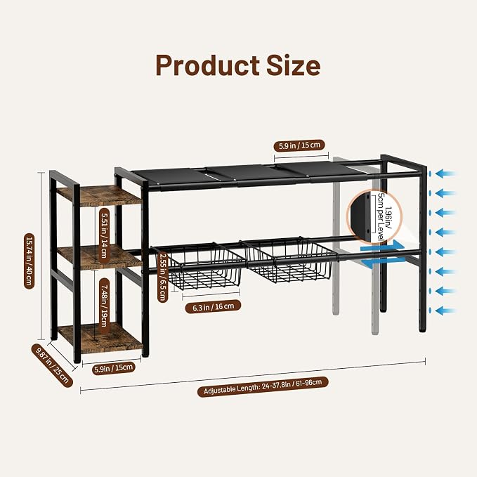 Housolution Expandable Under Sink Cabinet Organizer Rack and Storage Shelf | 24"-37.8" Expandable Length, 3-Tier Side Wooden Shelves, Height Adjustable for Kitchen Bathroom