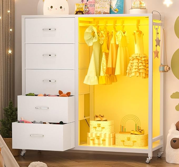 Cyclysio Storage Clothes Rack with 5 Drawers, Garment Rack with Charging Station & LED Lights, Fabric Chest Shelves Clothing Rack, Wooden Portable Wardrobe Closet