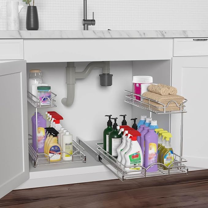 OCG Under Sink Cabinet Organizer Two Tier Pull Out Shelf (14.75W x 17D), Under Sink Sliding Shelf for Kitchen Bathroom Cabinet 2 Tier Chrome