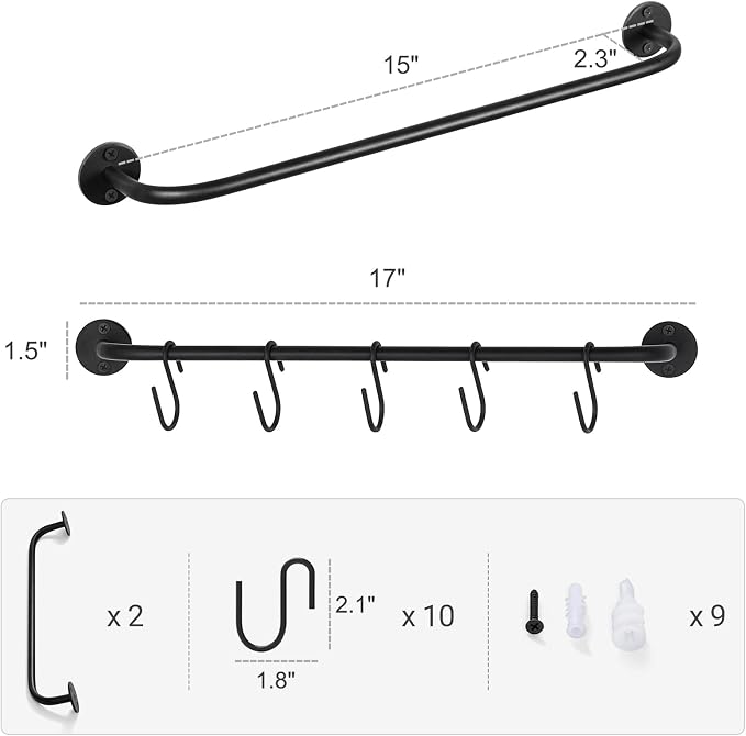 Mkono Mug Holder Wall Mounted Coffee Cup Rack Hanger Modern Metal Wall Rack with 15 Mug Hooks Rustic Utensil Tea Cups Storage Organizer for Kitchen Dining Room Coffee Bar, Set of 3, Black | Kitchen Rod, Space Saving, Easy Assembly, Wall & Under Cabinet...