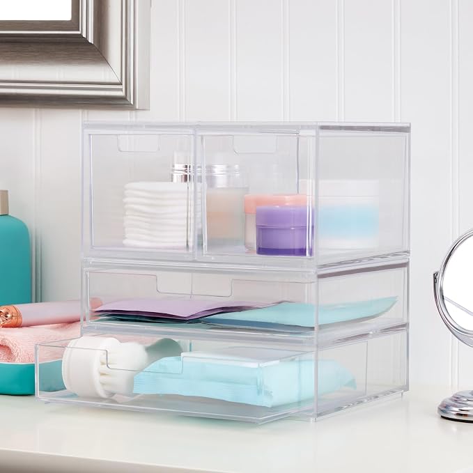 STORi Stackable Desk Organizer Drawers, Clear Pen Pencil Makeup Brush Holder for Desktops and Vanities, 4 Multi-size Drawers (Made in USA)