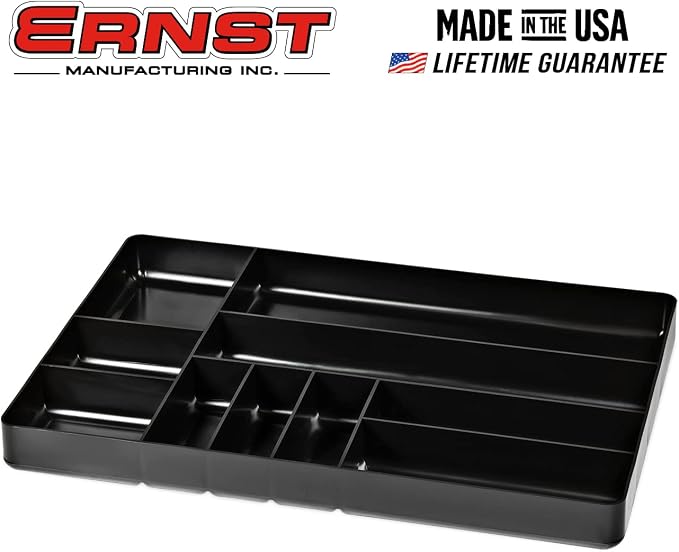 Ernst MFG 10 Compartment Drawer Organizer: Heavy Duty Stackable Tray for Automotive Tool Organization -Low Profile Toolbox - Nuts and Bolts, Tools, Parts, Easy to Clean - Black - Made in the USA