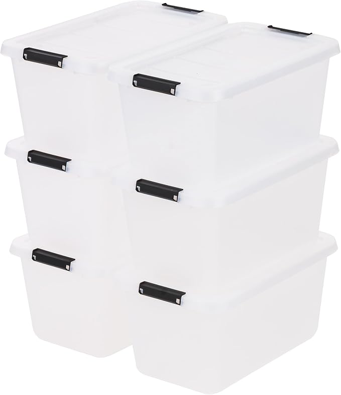 IRIS USA 6-Pack 13 Quart Clip Box with Latching Lid | Latching lid secures office and household supplies. Stackable, nestable design maximizes storage space