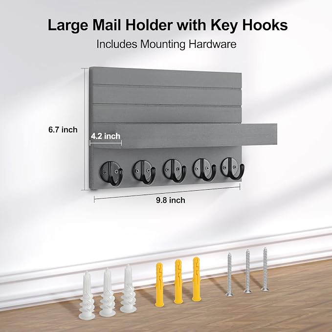 Lwenki Key Holder for Wall, Decorative Key and Mail Holder with Shelf Has Large Key Hooks for Bags, Coats, Umbrella – Paulownia Wood Key Hanger with Mounting Hardware (9.8”W x 6.7”H x 4.2”D)