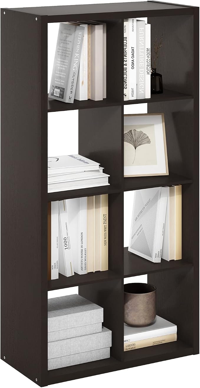 8-Cube Cubicle Bookshelf, Cube Bookcase with Open Back, Reversible Book Shelf, Cube Storage Organizer, 15 x 30 x 58, for Living Room, Home Office, Dark Oak