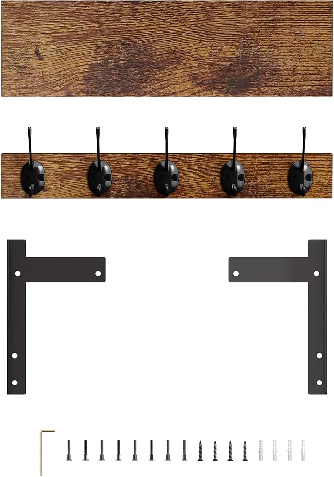Wall Hooks with Shelf, Wood Coat Rack with Shelf Wall-Mounted, Entryway Hanging Shelves with 5 Metal Hooks for Clothes Hats Towel Purse Robes, Bathroom Mudroom Bedroom, Rustic Brown