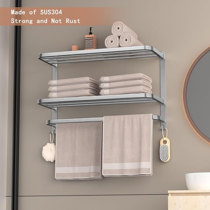 23" Towel Racks for Bathroom with Towel Bars, 3 Tier Hotel Towel Shelf Stainless Steel Wall-Mounted Holder with Towel Shelves Brushed Nickel