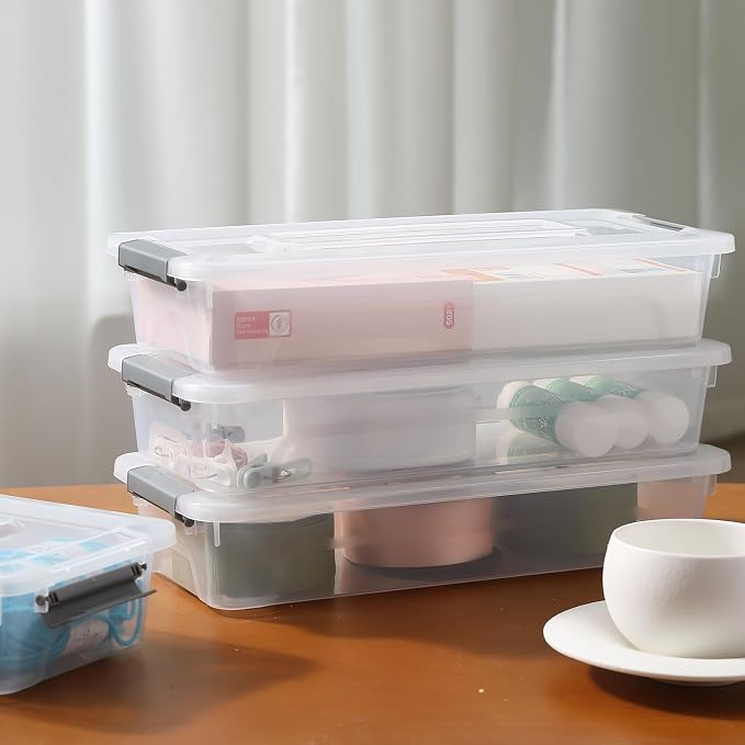 novelinks 4 Quart Clear Plastic Storage Containers with Lids (8 Pack) | Storage Bins with Lids, Stackable Small Clear Bins, Craft Storage Box, Paper Storage, Under Bed Storage Bins, Pencil Box