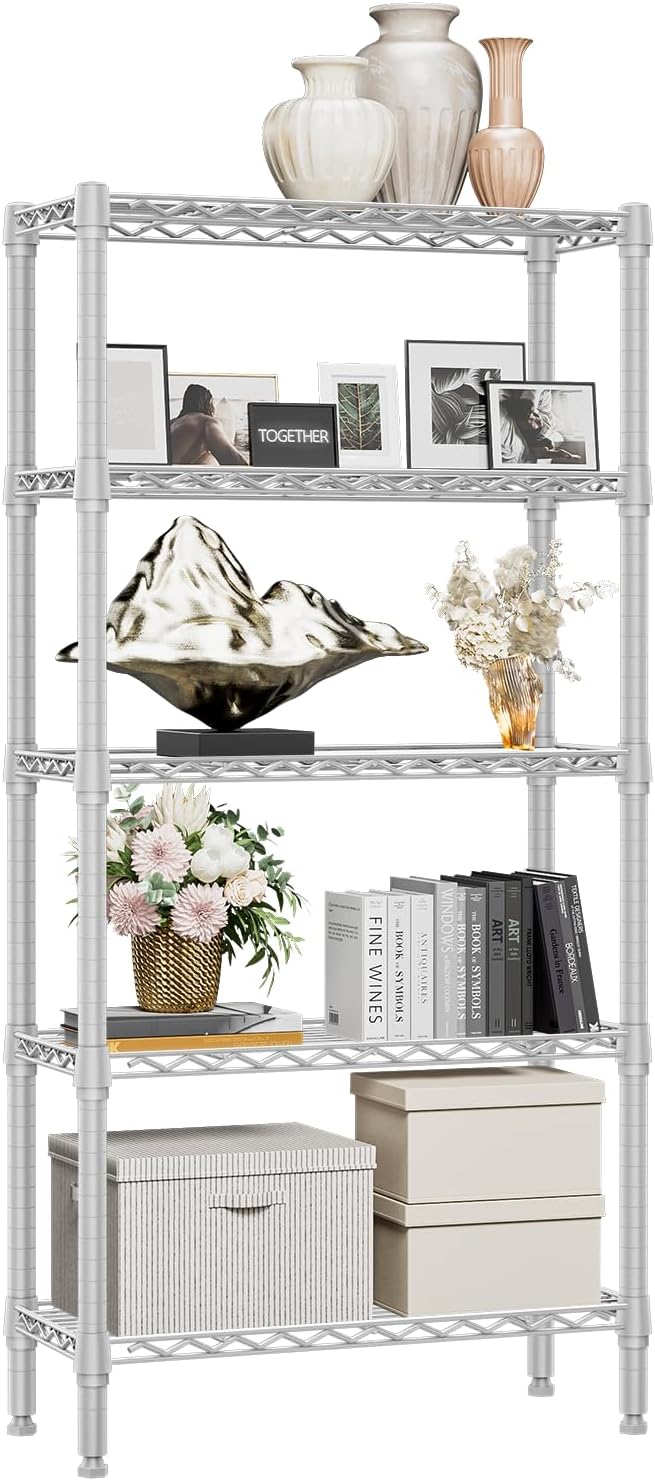 M MZG 1250 lbs 5 Tier Shelf Metal Storage Shelves Wire Rack Closet Organizers for Garage Kitchen Bathroom Laundry White 11.8" D x 29.5" W x 59.5" H