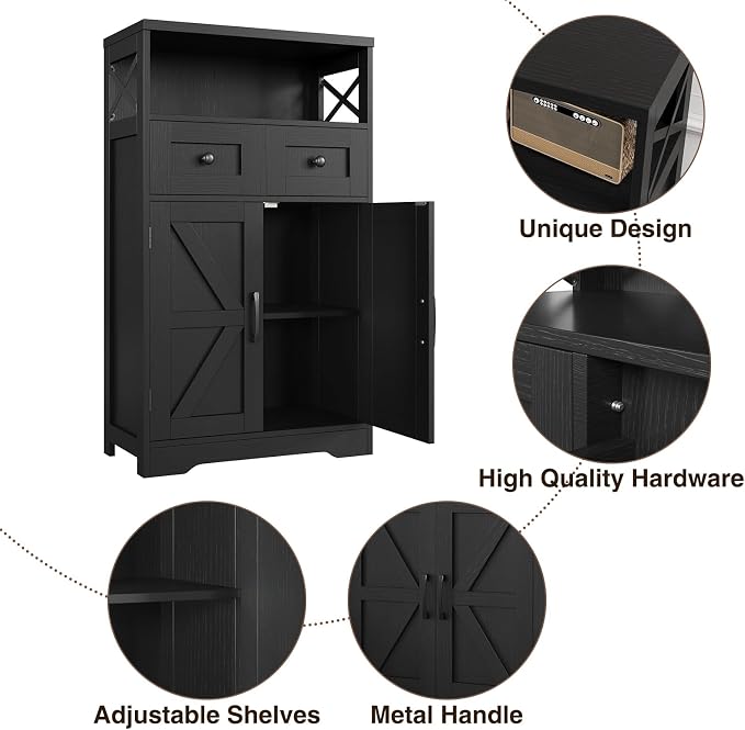 Farmhouse Storage Cabinet Set of 2, Small Kitchen Pantry Coffee Bar Cabinet | Accent Buffet Cabinet Cupboard, 2 Storage Drawers, Barn Doors & Adjustable Shelves, for Kitchen/Entryway/Bathroom, Black