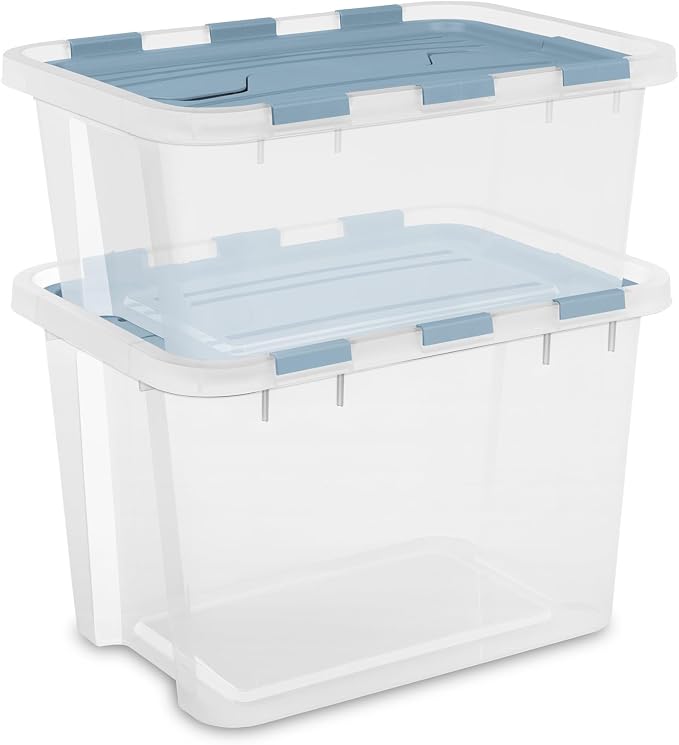 Sterilite Hinged Lid Storage Box Plastic Container, 20 Quart, 6-Pack | Washed Blue - Home Organizer Tote for Storing Shoes, Crafts, Clothing, or Decor
